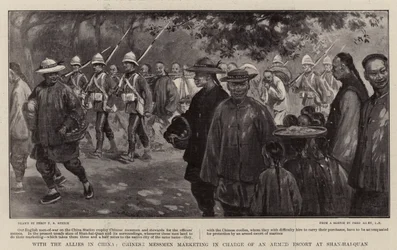 Con gli Alleati in Cina, Messmen cinesi al mercato sotto la protezione di una scorta armata a Shan-hai-Quan